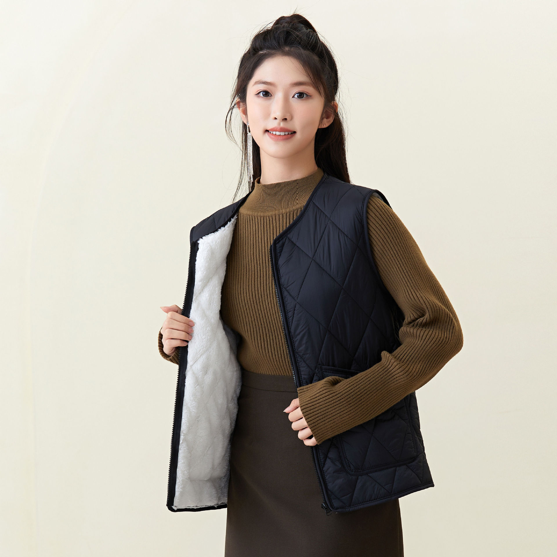 Women's Warm Extra Thick With Velvet Inside With Vest Women's Lamb Hair Zipper Casual Wear Cotton Waistcoat 2402 Specification drawing