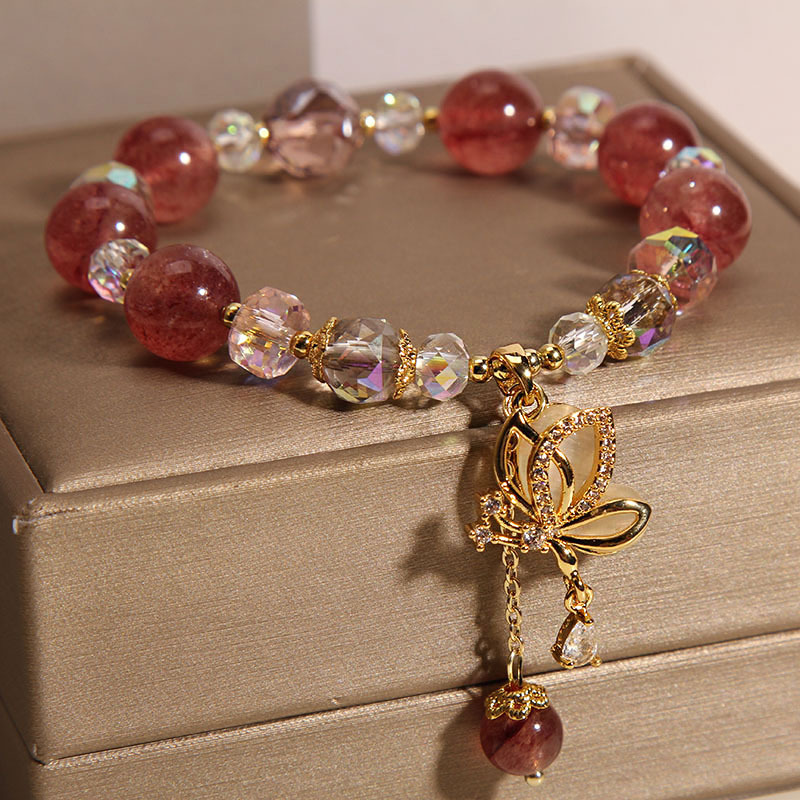 Brazalete de cristal de fresa natural para mujeres nicho de lujo ligero sentido de alto nivel colgante de mariposa cristal cadena de mano para novia novias mejor regalo Specification image