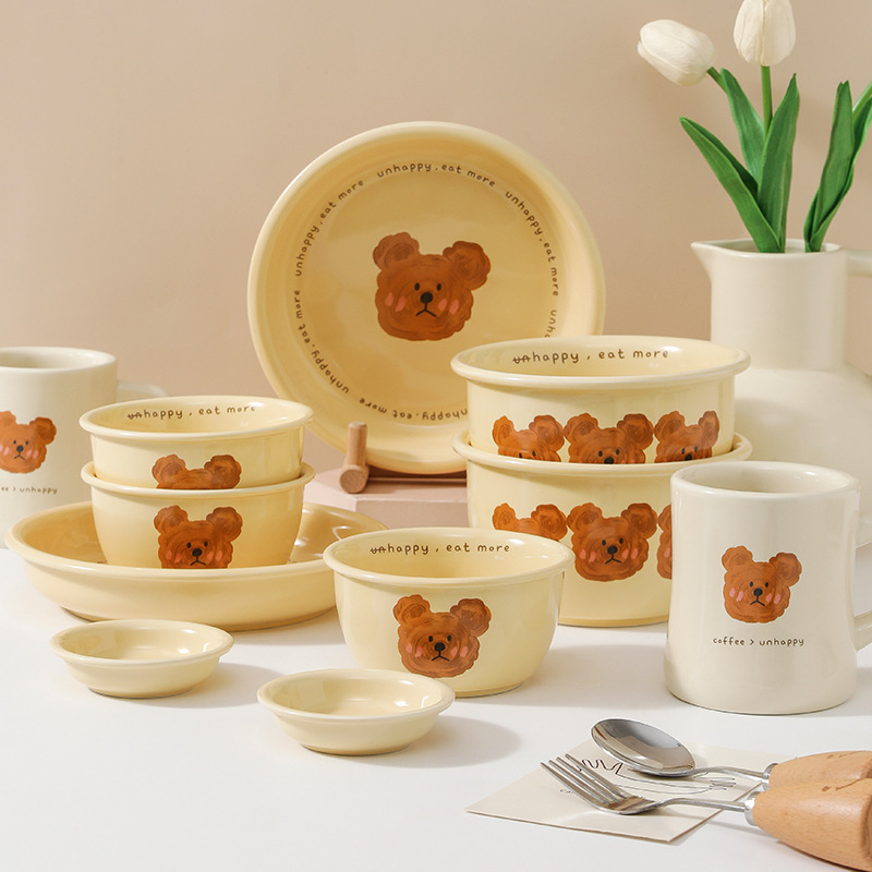 Cute little bear tableware, Korean Instagram-style household ceramic bowl and plate set, croissant cabbage plate, saucer, soup bowl