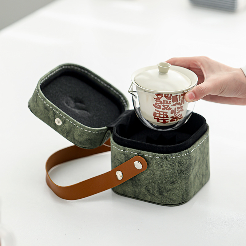 Glass Travel Tea Set Outdoor Portable Ceramic Creative Calligraphy Quick Cup Small Set A Pot Two Cups With Hand Gifts details Picture