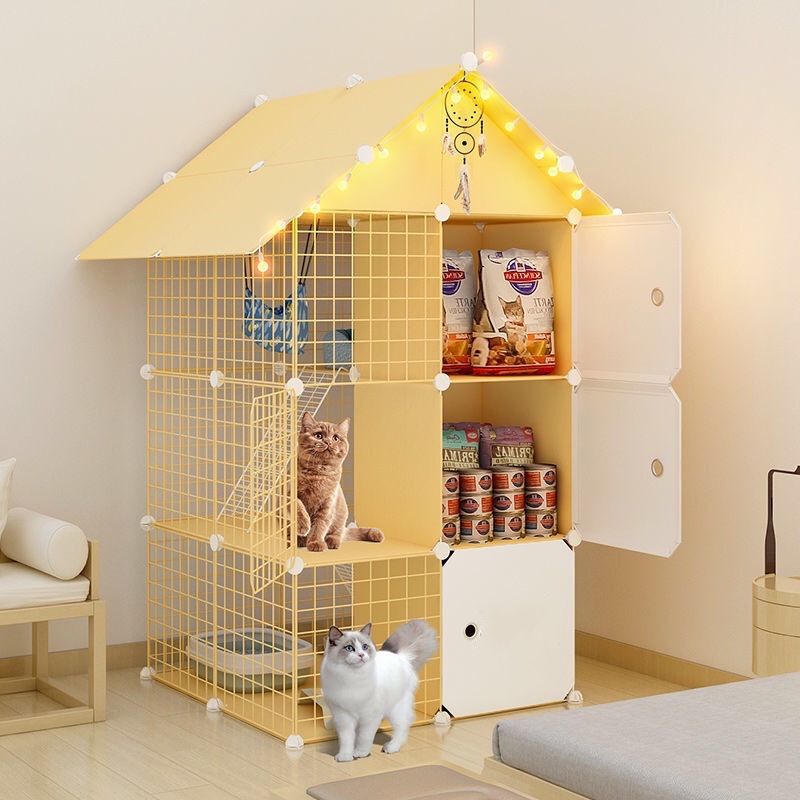 Cat cages, cat villas, yellow cages, natural wood color pet cages, freely assembled iron mesh cages, household cat houses details Picture