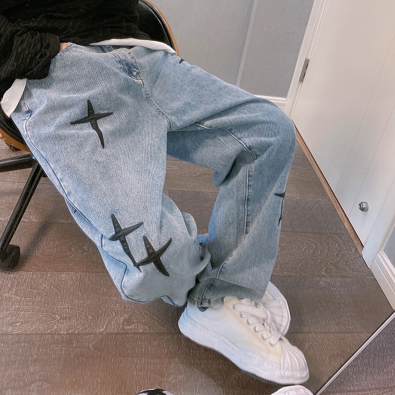 Men's straight-leg loose jeans, 2022 Spring and Autumn new Korean-style trendy casual men's 9-inch pants, Hong Kong-style wide-leg pants