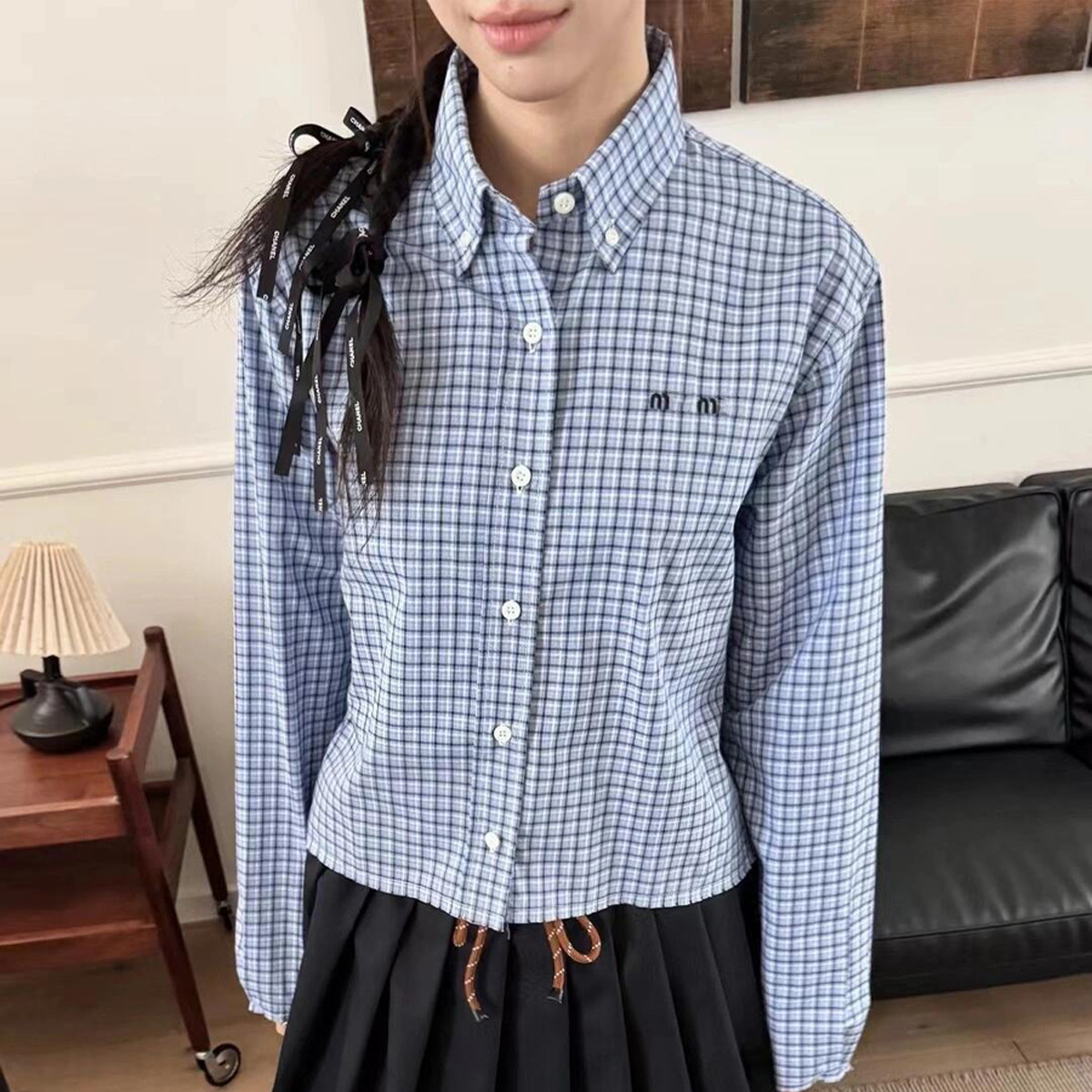 MM light blue checkered short lapel women's shirt with embroidered letter logo2025 simple trendy brand cardigan