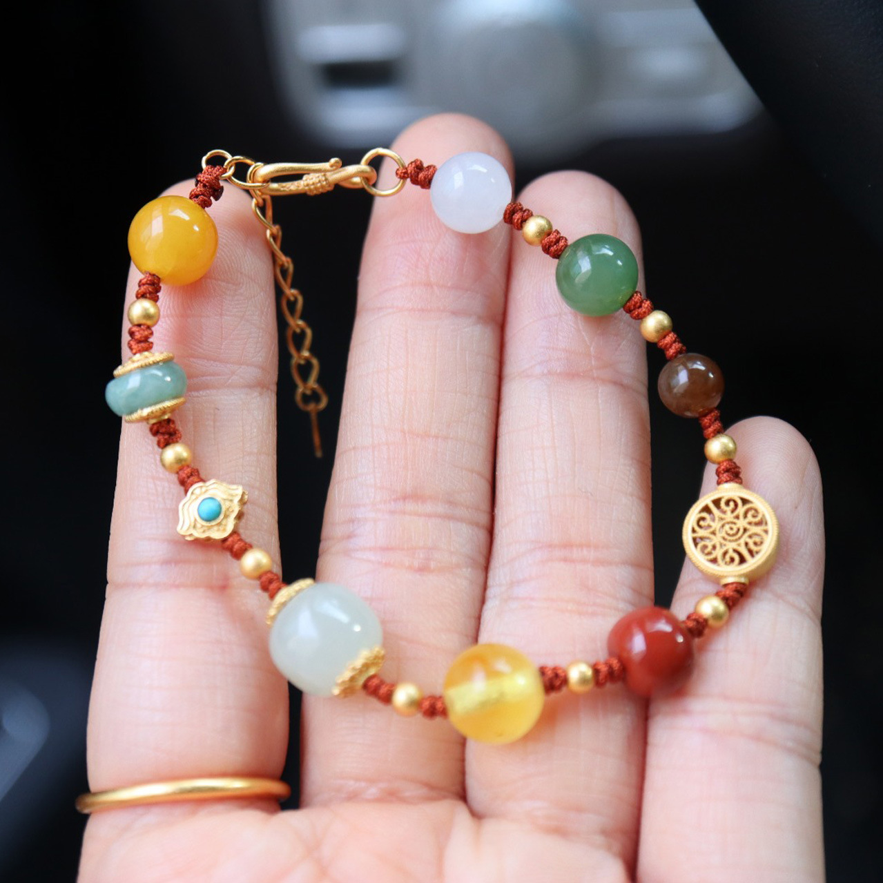Ethnic bracelet for women, Hetian jade, green jade, jadeite, amber, Nanhong agate bracelet for women, perfect in every way, hand-woven rope Specification image