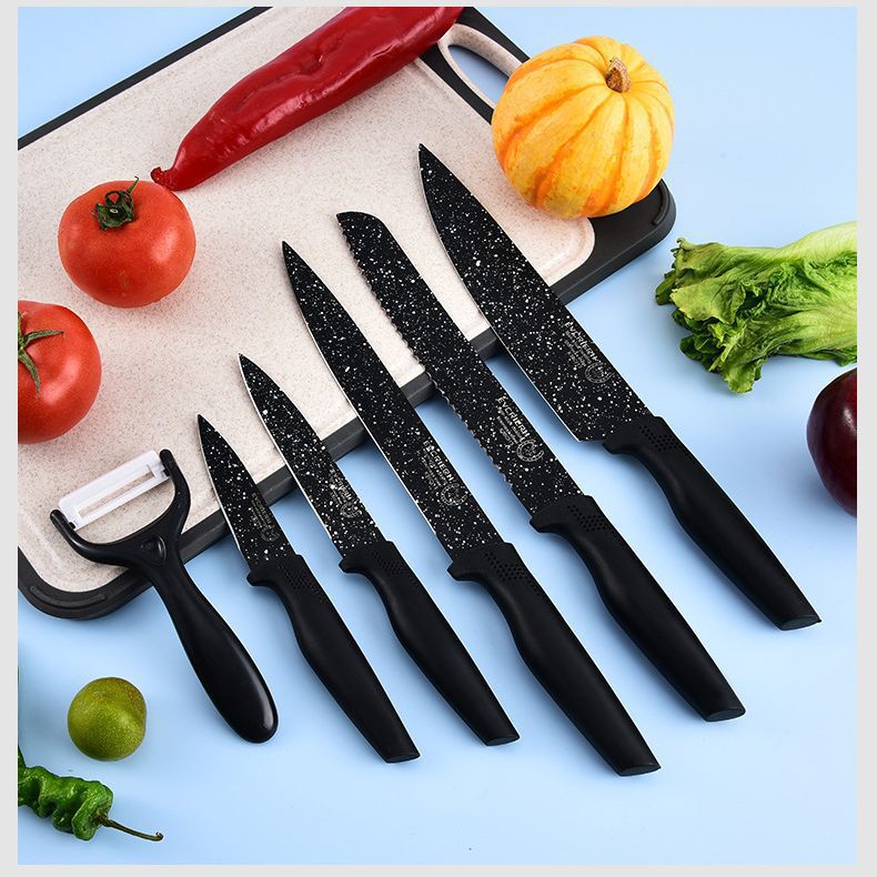 Black Spray Point Six-Piece Knife Set Stainless Steel Chef Meat Bread Universal Knife Gift Box Cutter Manufacturers Available details Picture