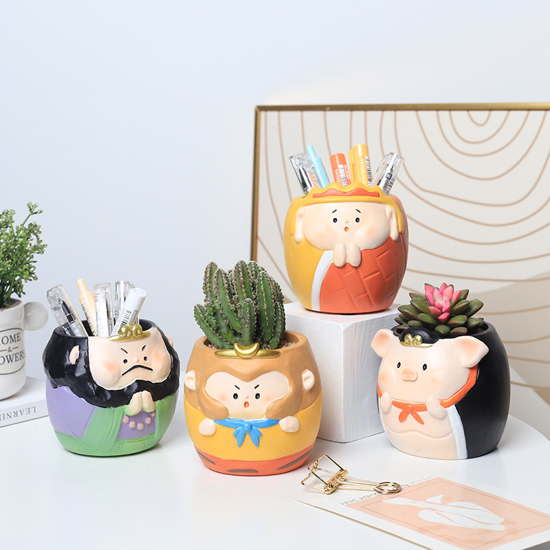 Cartoon resin student stationery storage pen container crafts creative funny office desktop Journey to the West flower pot decoration Specification drawing
