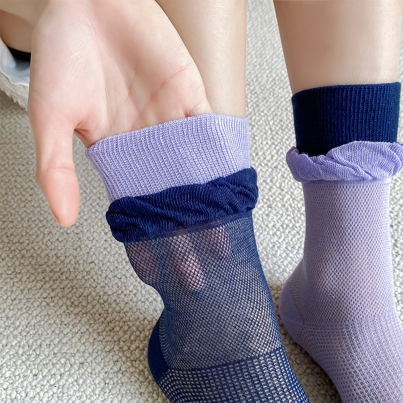 Summer Breathable Thin Ab Socks For Women Asymmetrical Trend Solid Color Mesh Double Rims With Curly Hem Mid-Tube Socks For Women Specification drawing