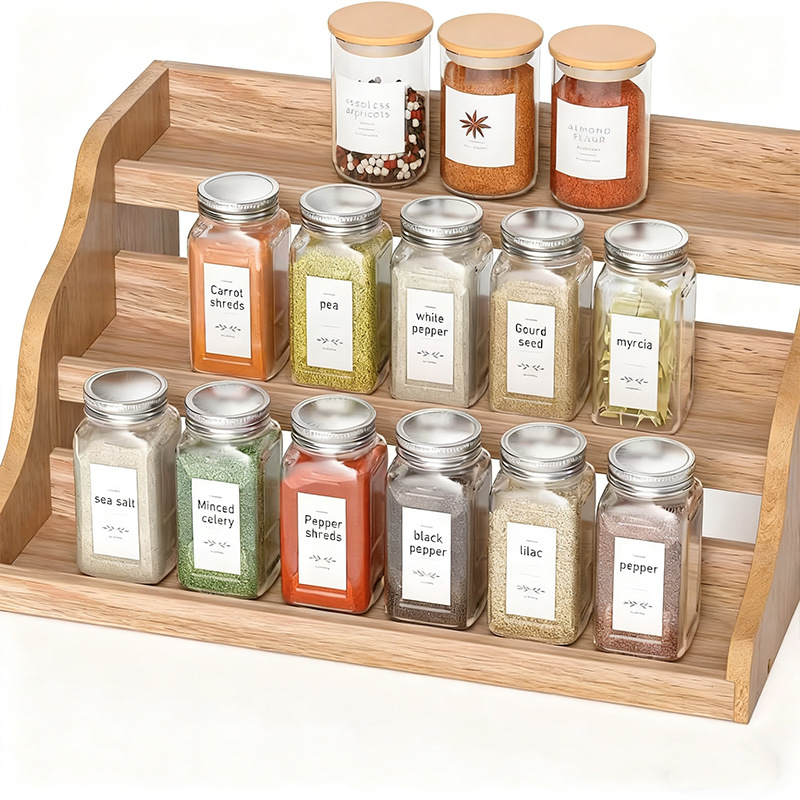 Solid wood seasoning rack, multi-layer stepped wooden simple household kitchen organization rack, figurine cake display rack details Picture