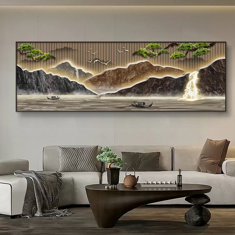 新中式靠山客厅装饰画淘宝抖音代发高级感沙发背景墙山水晶瓷壁画图