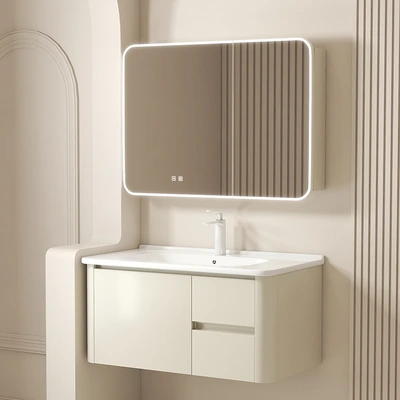 Ceramic integrated washbasin cream air space aluminum household washing table waterproof intelligent mirror cabinet storage cabinet storage thumbnail