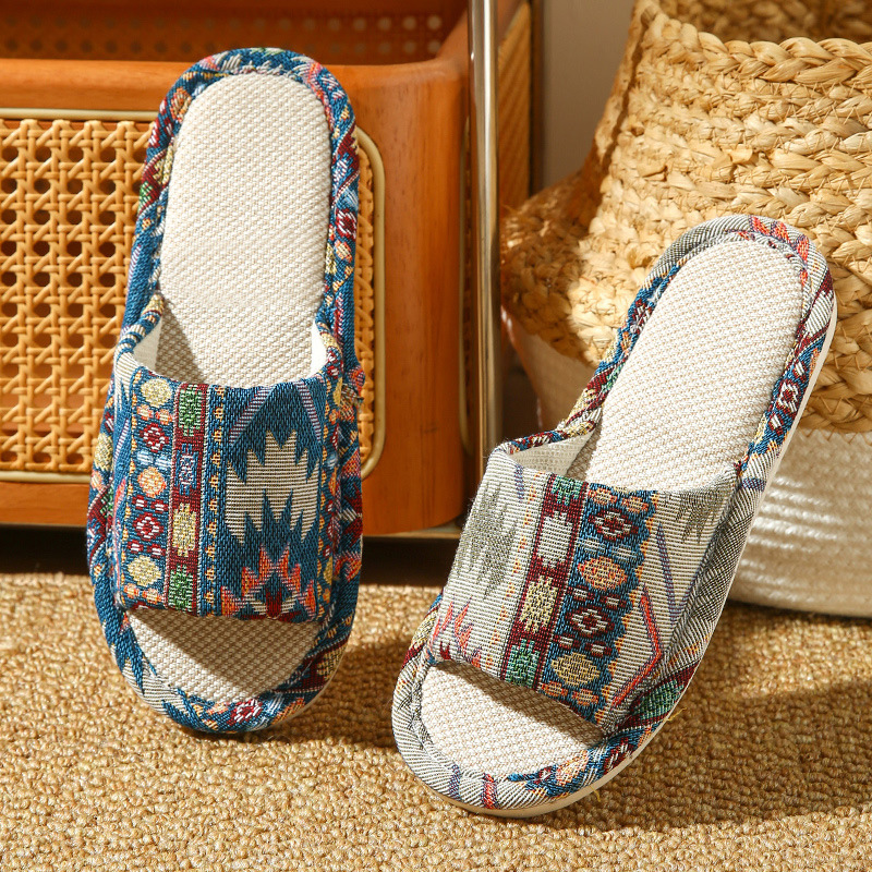 Linen slippers for women, spring and autumn household, couple indoor, silent and anti-slip, all-season cotton and linen cloth slippers for men, homestay hotel details Picture