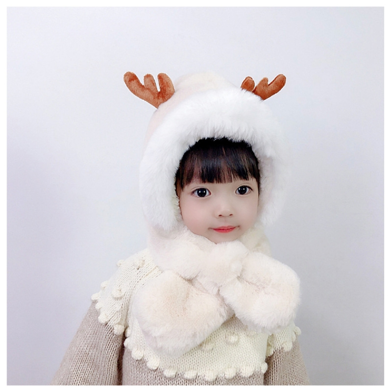 Winter children's hat and scarf integrated, thick, warm, plush, cute baby, antler ear-protecting hat for girls Specification image