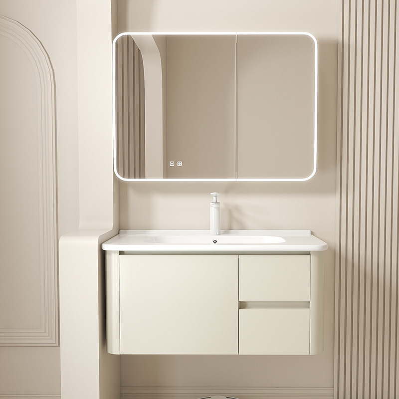 Ceramic integrated washbasin, cream-style space aluminum household washbasin, waterproof smart mirror cabinet, storage cabinet for storage 3