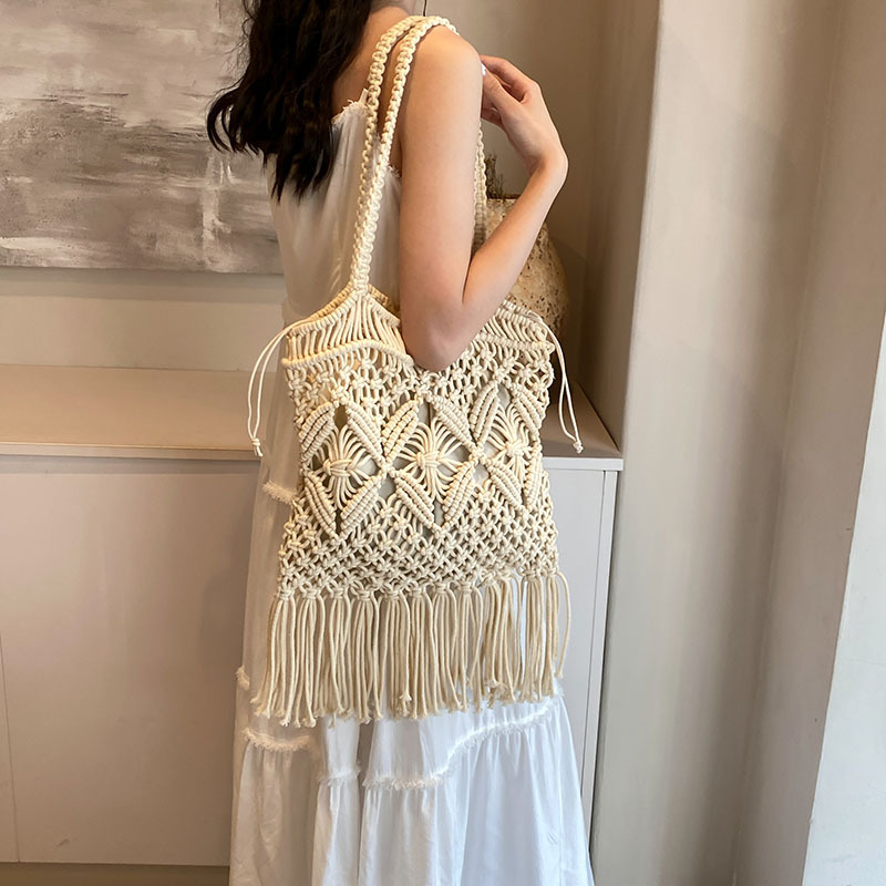 Cross-border wholesale handmade cotton thread woven bag 2025 new style versatile single-shoulder armpit bag, straw woven bag, hollowed-out beach bag details Picture