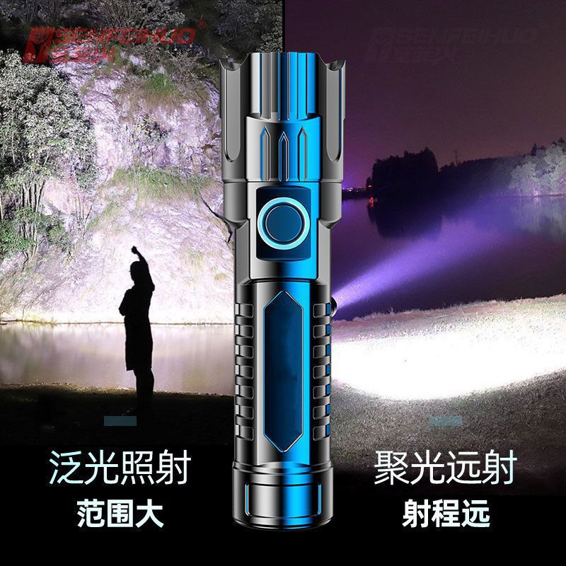 强光手电筒 跨境USB充电式伸缩变焦大泛光手持灯户外应急照明手电