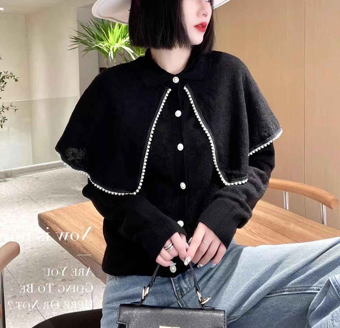 European pearl-trimmed cape lapel knitted cardigan women's lace sweater coat is fashionable, stylish and makes you look younger Specification image