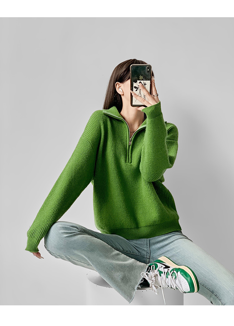 欧美秋冬新款半拉链毛衣女套头高级感宽松慵懒风纯色针织翻领上衣详情21