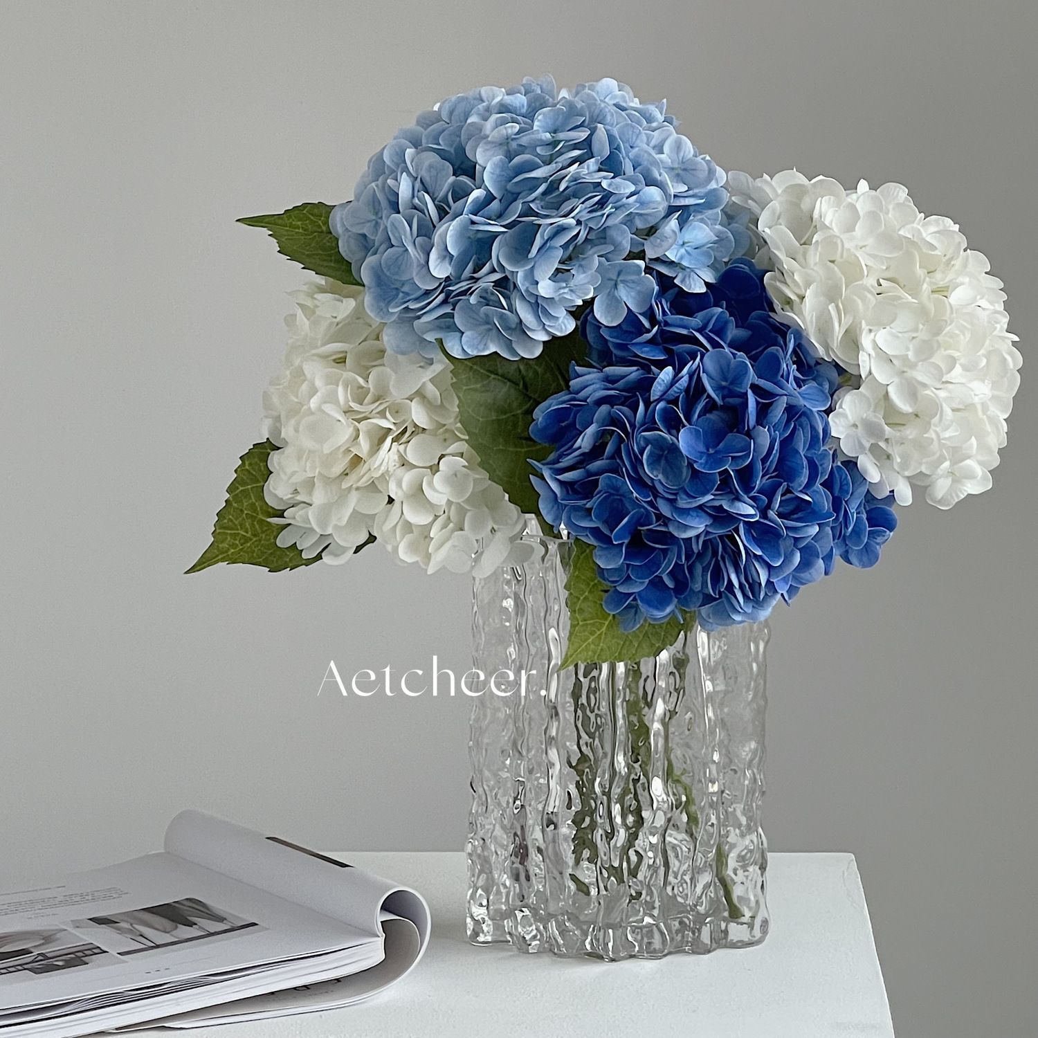 2-leaf hydrangea simulation, high-end simulation flower, moisturizing hydrangea DIY, high-end living room decoration, dining room material Specification drawing