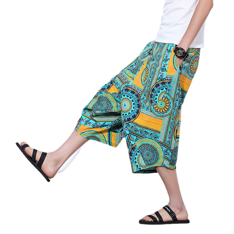 New large-sized Chinese-style casual caprix pants for men, summer fashion loose printed men's Harun beach pants Item Picture