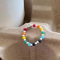 s925 Silver rainbow smiley ring elastic rope design ins smile square single ring