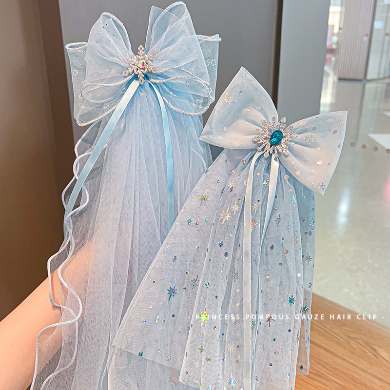 Girls' Veil Princess Hairpin Birthday Crown Ice Children's Day Hairpin Headpin Bow Streamer Net Gauze Hairpin details Picture