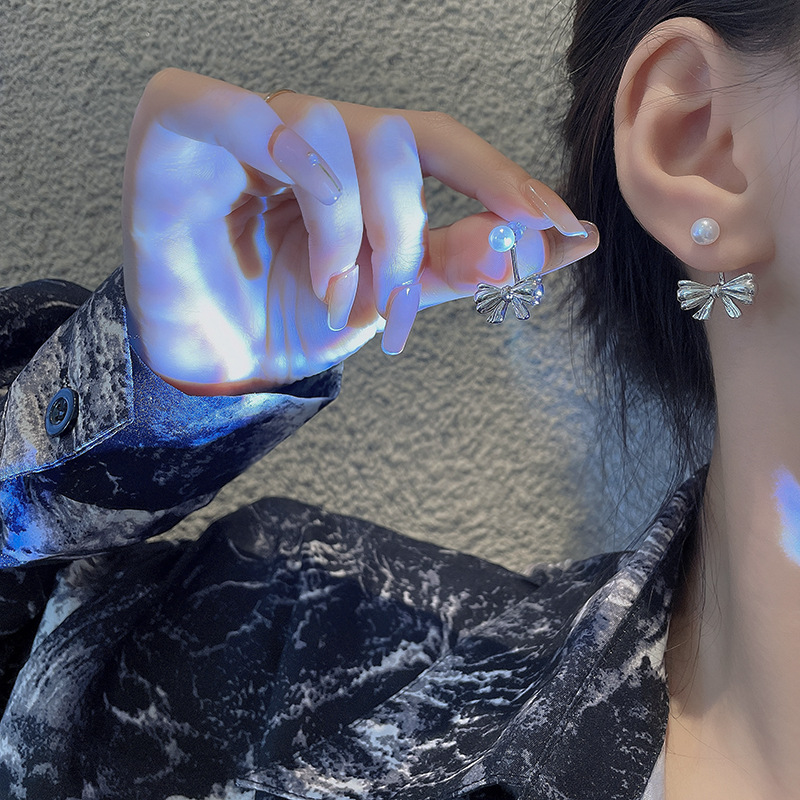 S925 Silver Needle Back Hanging Pearl Bow Earrings Cold Wind Everything Temperament Earrings Stud Korean Trend Earrings Female details Picture