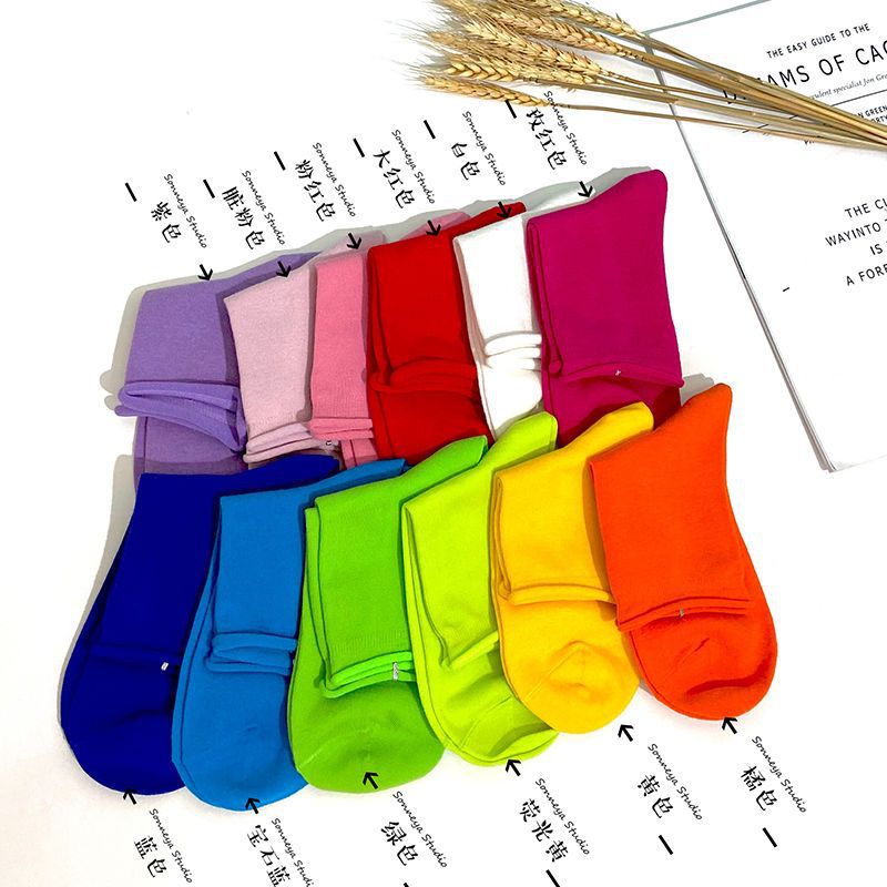 纯色袜子学院风闺班服色针织中筒袜女果色堆堆袜百搭彩色长袜潮