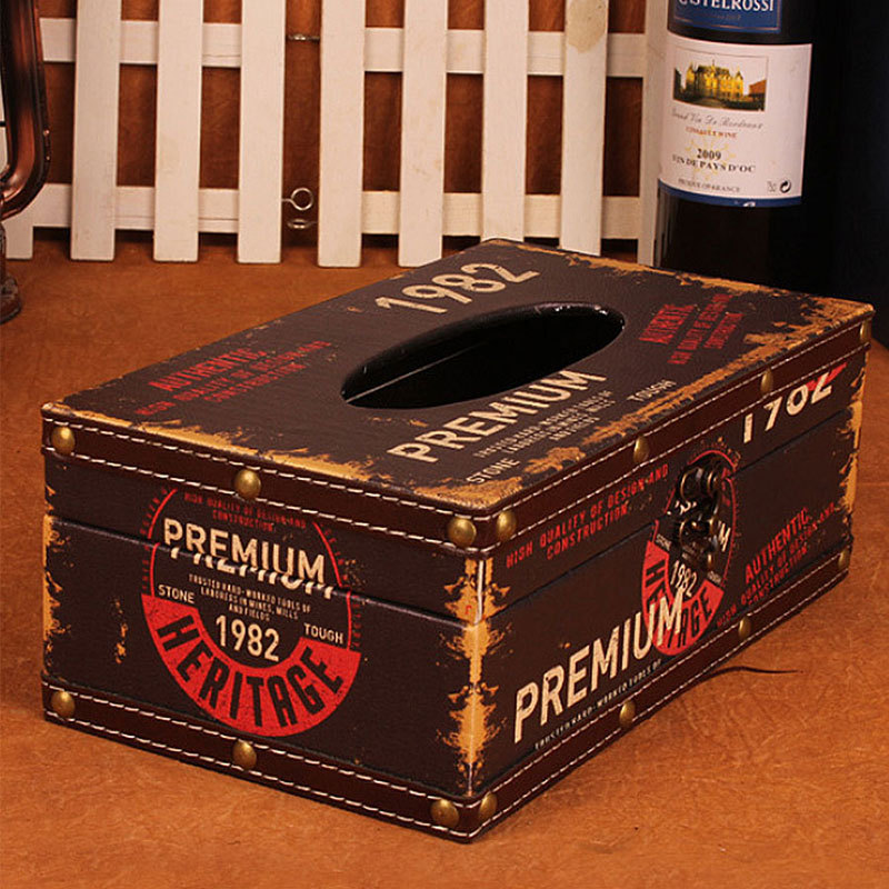 Estilo country americano madera cuero caja de pañuelos Item Picture