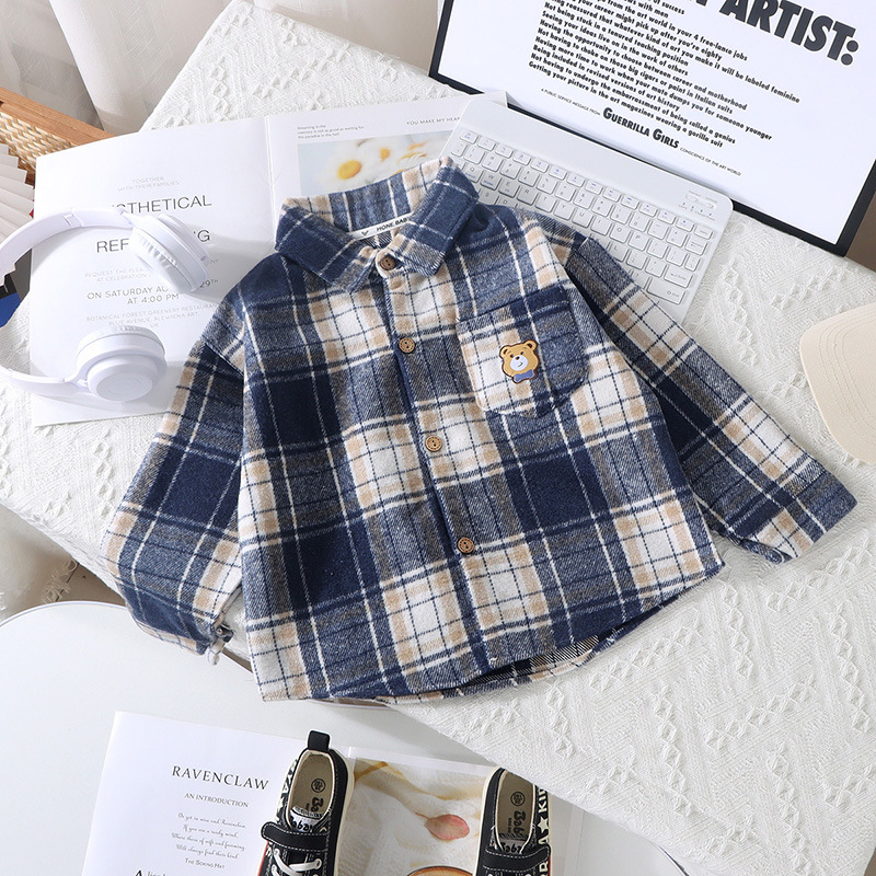 New Korean style children's shirts for autumn and winter: boys' lapel checked top, girls' casual cardigan, long-sleeved base layer Specification image