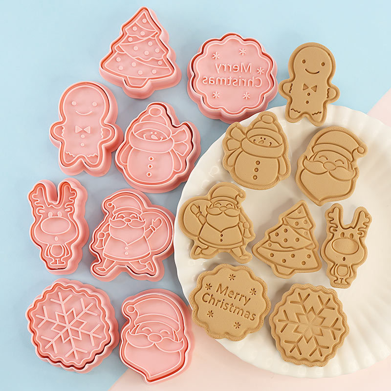 Christmas Cookie Mold 8-Piece Cartoon Santa Gingerbread Man Christmas Tree Press Cookie Baking Kit Specification drawing