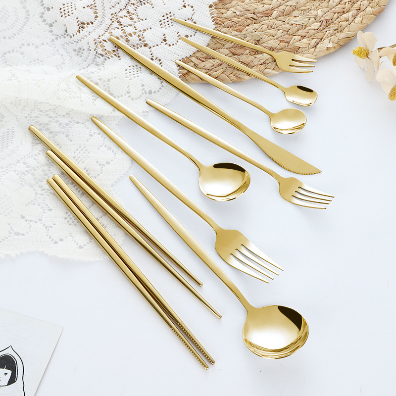 Wholesale Stainless Steel Knife, Fork And Spoon Portuguese Japanese Western-Style Tableware Gold Plated Dessert Spoon Fork Chopsticks Ice Cream Spoon Fruit Fork details Picture