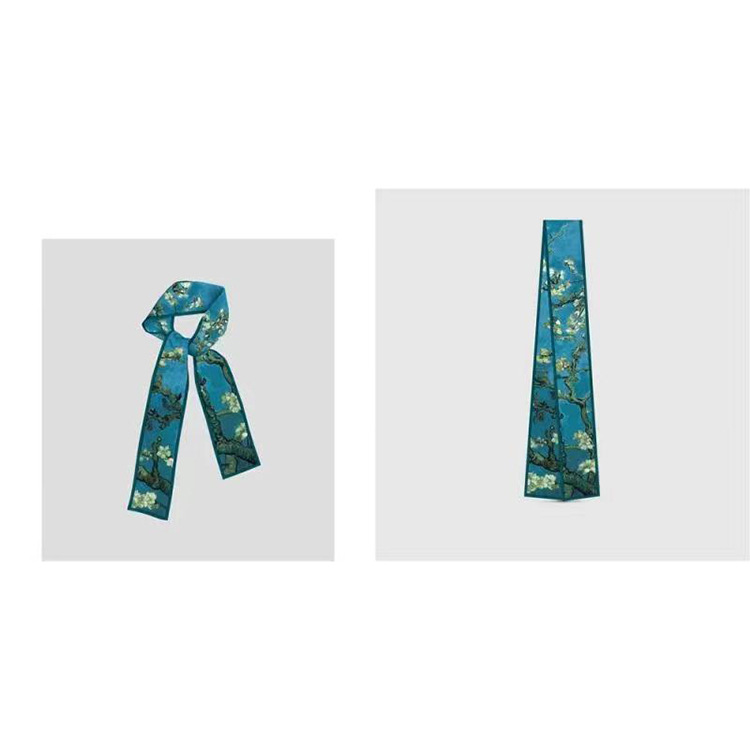 A blue scarf with a small ribbon, a retro and high-end look, in the style of a Van Gogh oil painting, paired with a shirt, an ins headscarf and a hair band Application Scenario