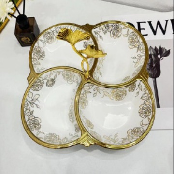 Creative ceramic multi-compartment fruit plates, pastry plates, flower tea, dried fruit snack plates, ginkgo leaf 4-compartment tableware, fruit plates 14, golden castle vases