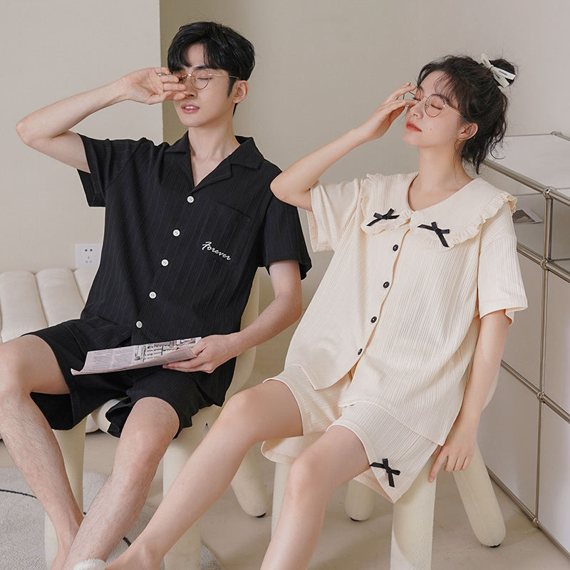 2022 New couple pajamas, women's short-sleeved spring and summer pure cotton Korean-style casual men's large-sized thin home wear Specification image