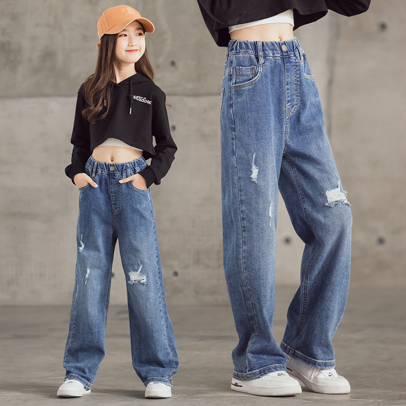 Girls' wide-leg pants, ripped jeans, adult girls' pants, loose and fashionable long pants, stylish spring and autumn children's spring clothing trend details Picture