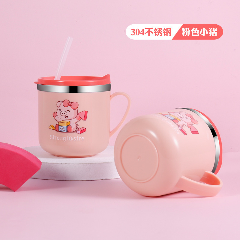 New 304 stainless steel children's water cup with lid and handle Children's milk cup with graduated drinking cup 9325 Specification drawing