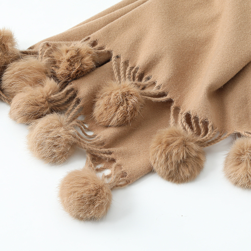 Girls Cute Imitation Cashmere Scarf Female Winter Warm Solid Color Large Rabbit Hair Ball 2024 New Scarf Shawl Wholesale Specification drawing