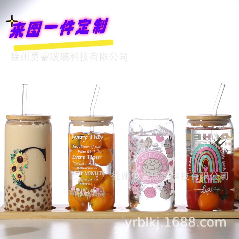 跨境爆款16oz可乐杯吸管杯高硼硅玻璃水杯梅森杯带木盖果汁杯套装