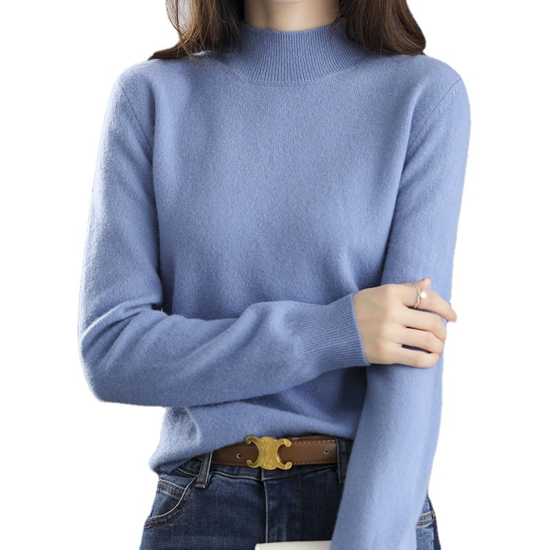 New semi-high-neck knitted sweater for women's autumn and winter, short pullover, solid color loose sweater, thickened base layer, one-piece delivery Item Picture