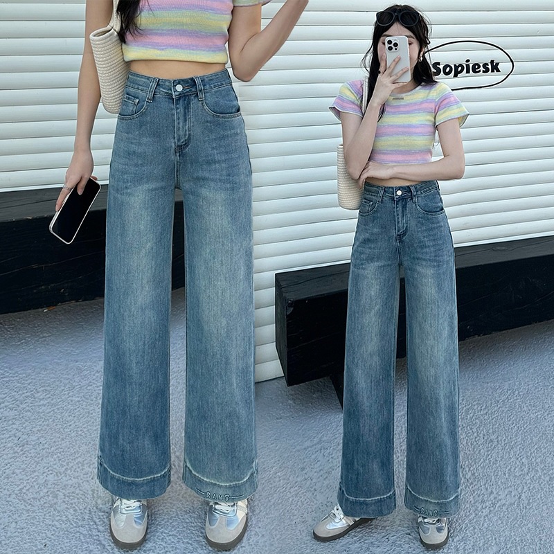 Korean stretch high-waisted 9-inch jeans for women, Spring 2025 new style straight-leg loose wide-leg pants, casual grandma pants