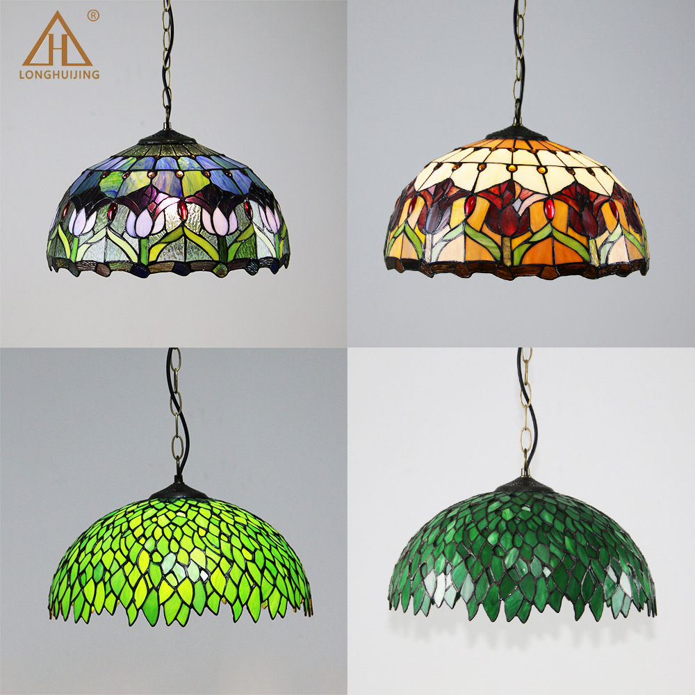 蒂芙尼灯饰田园16寸酒店别墅吊灯树叶郁金香餐厅吊灯客房单头吊灯