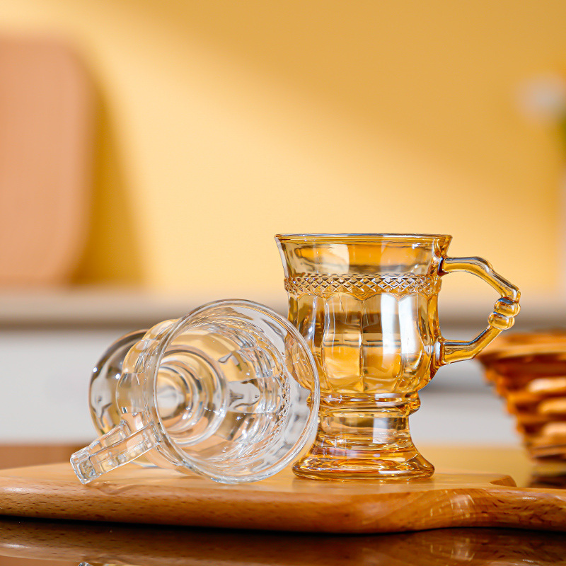 Simple and retro embossed European-style water cup, glass cup, coffee cup, souvenir, amber color, high appearance level water cup Specification image