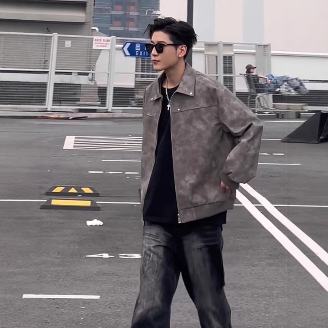 cleanfit grey short leather jacket for men, a high-end American retro lapel motorcycle leather jacket for autumn and winter Application Scenario