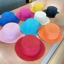 Flat brim straw hat woman summer British flat top hat Japanese small fresh fashion new beach sun sun hat woman