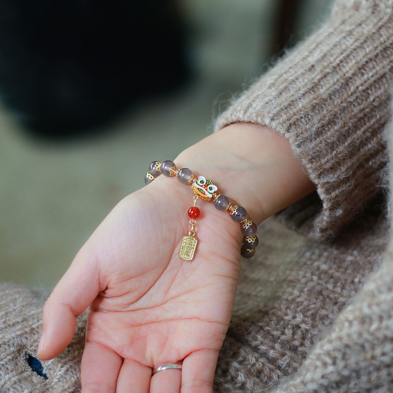 2022 Natural Smoky purple agate tassel Bracelet, small lion dance, Wealth Luck, National Trend and Ethnic Style Jewelry Gift