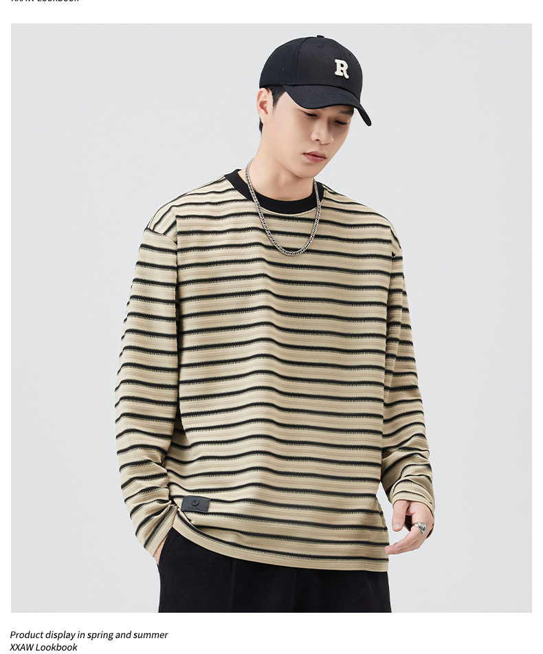 Black striped long-sleeved T-shirt for men, a loose and contrasting color round soul base layer top from the 2025 autumn fashion brand pic 10