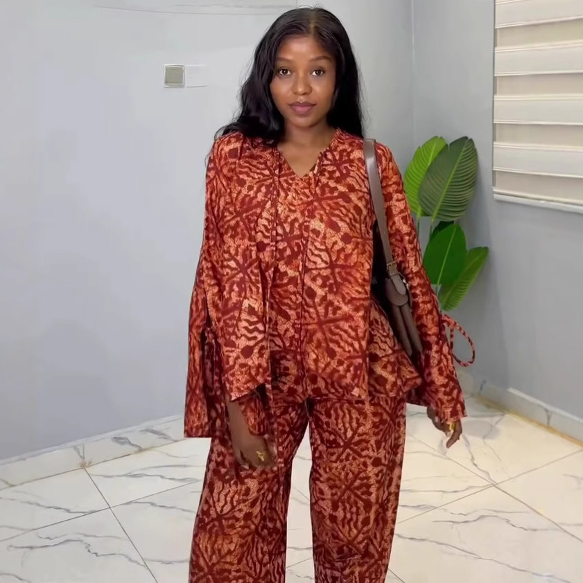 European and American large-sized long-sleeved, lace-up and printed shirt, high-waisted wide-leg long pants, African women's casual and fashionable two-piece set for women Specification image
