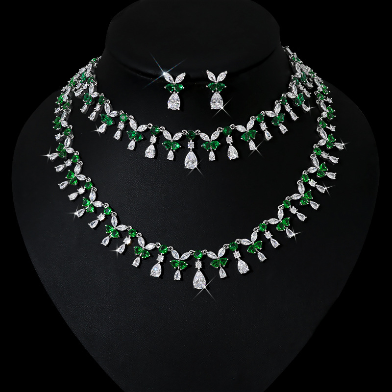 欧美奢华结婚宴会饰品水滴吊坠耳饰嘻哈项链锆石休闲百搭三件套装