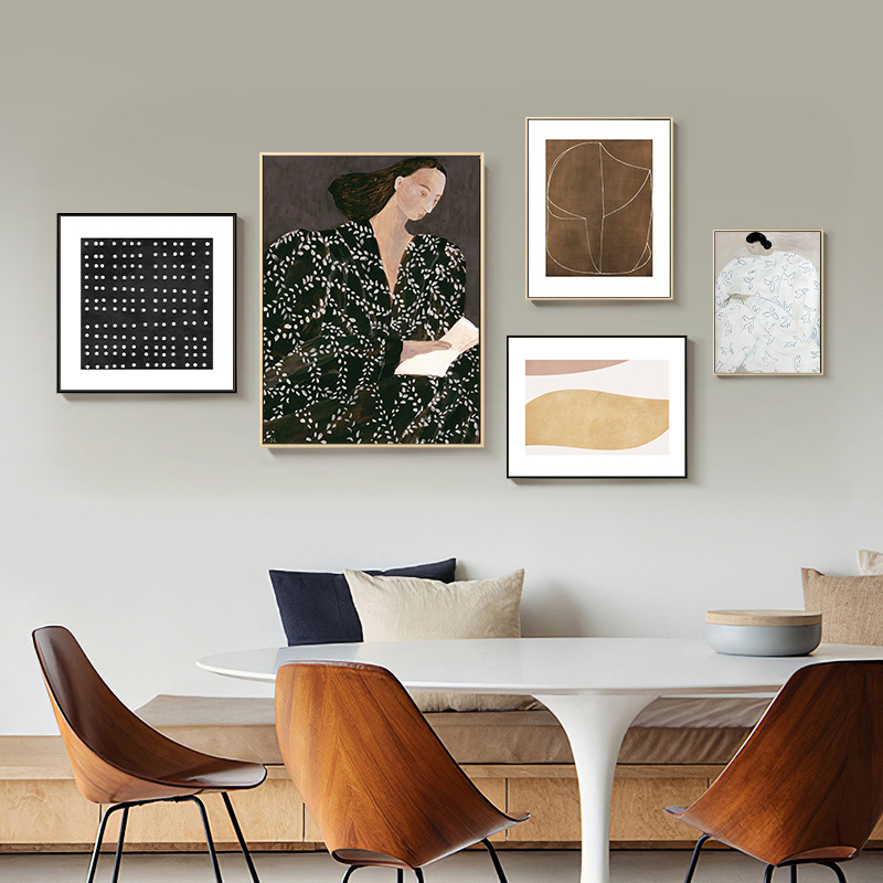Swedish niche living room sofa background decorative painting, Nordic corridor retro artistic combination hanging painting, abstract entrance painting details Picture