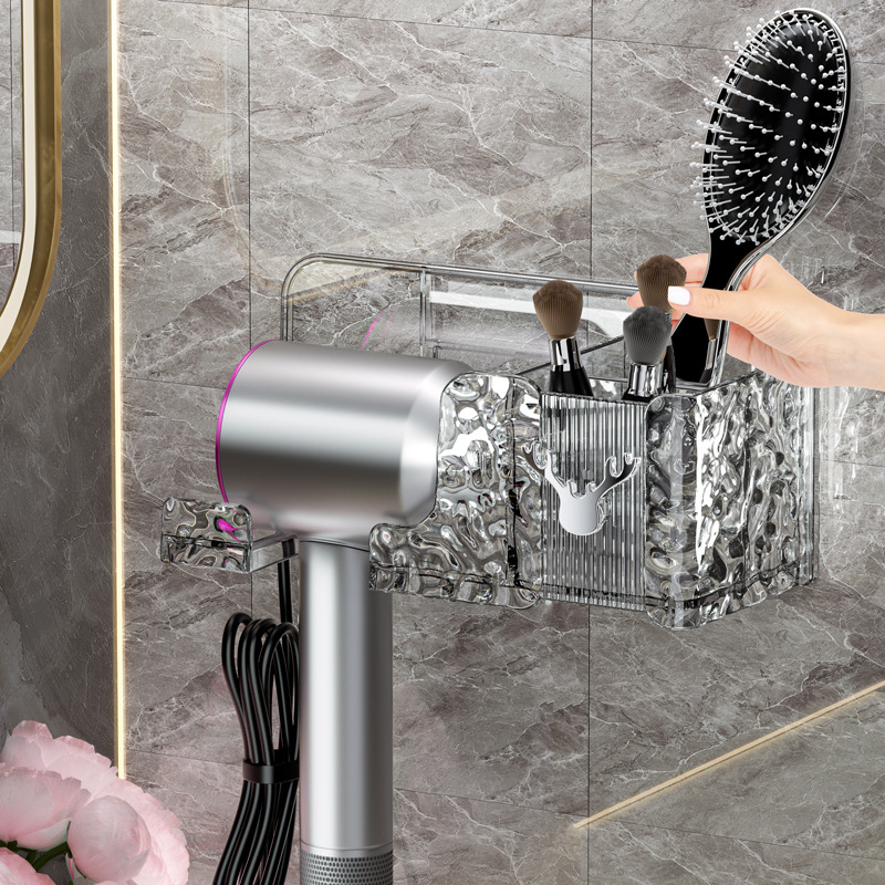 Non-drilling bathroom hair dryer hanging rack, bathroom wall-mounted bracket, storage wonder, transparent water blower storage rack details Picture